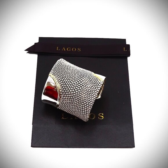 LAGOS Caviar Collection Sterling Silver Cuff 18K Gold Cuff Bracelet 199.9 Grams - Picture 5 of 13
